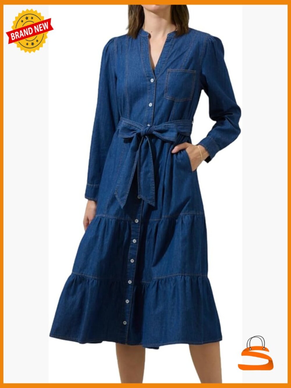 Women Casual Long Denim Dress Babydoll Ruffle Long Sleeve Jean Shirt Midi - Picture 1 of 6